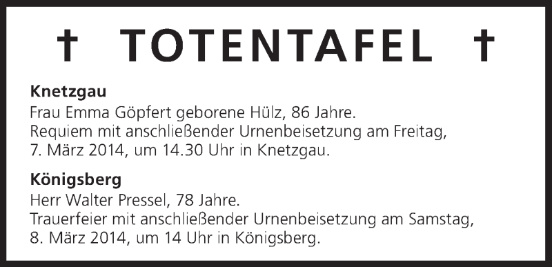  Traueranzeige für Totentafel vom 07.03.2014 vom 07.03.2014 aus MGO