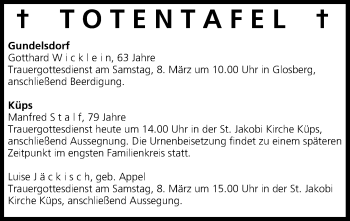 Anzeige von Totentafel vom 07.03.2014 von MGO