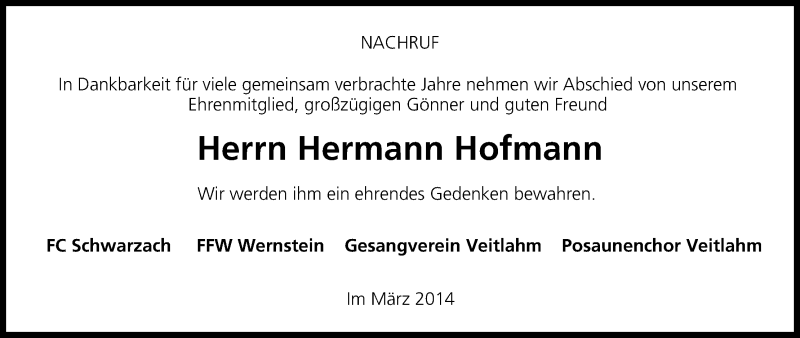  Traueranzeige für Hermann Hofmann vom 07.03.2014 aus MGO