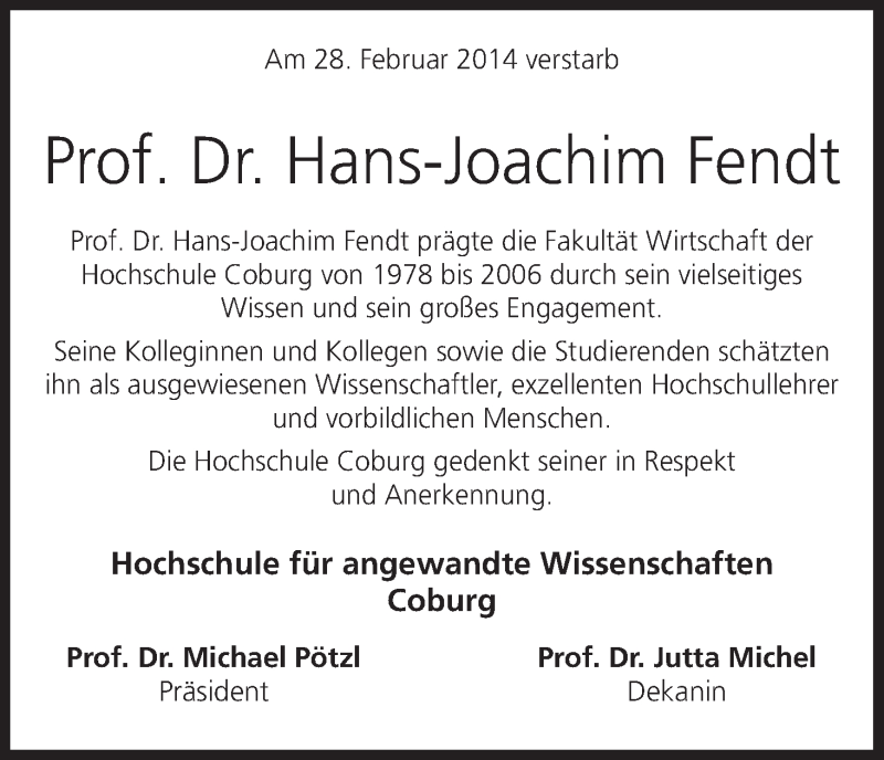  Traueranzeige für Hans-Joachim Fendt vom 07.03.2014 aus MGO