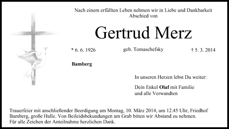  Traueranzeige für Gertrud Merz vom 08.03.2014 aus MGO