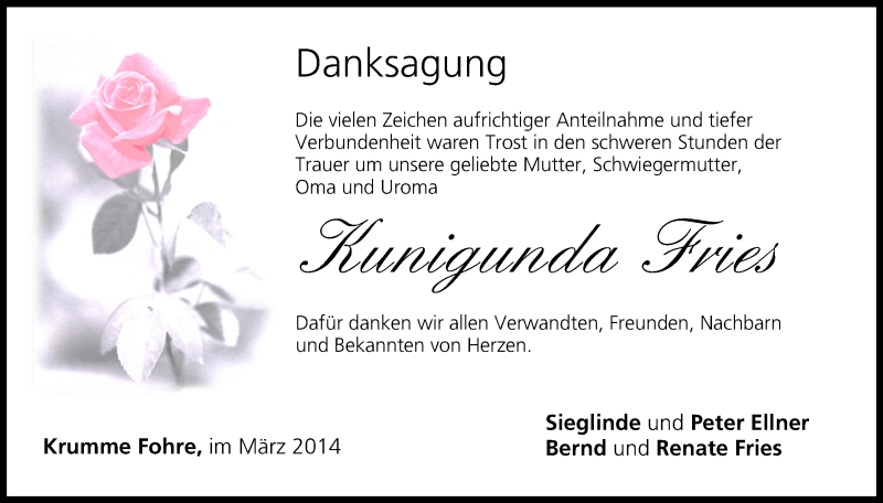  Traueranzeige für Kunigunda Fries vom 08.03.2014 aus MGO