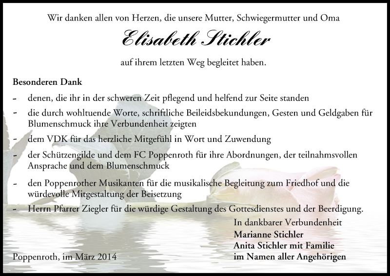  Traueranzeige für Elisabeth Stichler vom 08.03.2014 aus MGO
