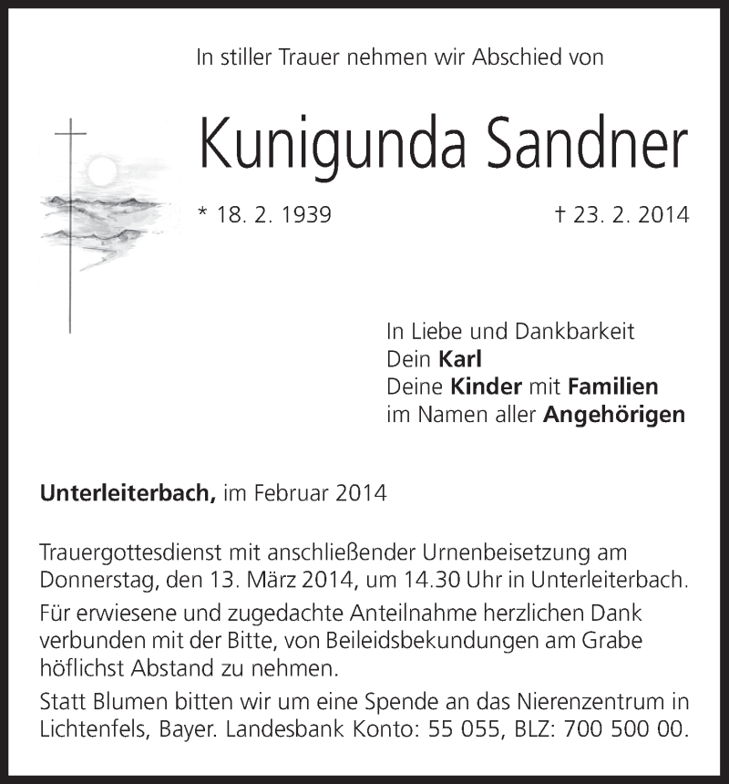  Traueranzeige für Kunigunda Sandner vom 08.03.2014 aus MGO