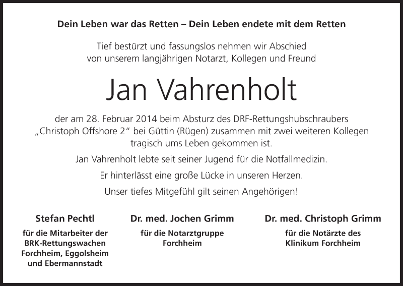  Traueranzeige für Jan Vahrenholt vom 08.03.2014 aus MGO