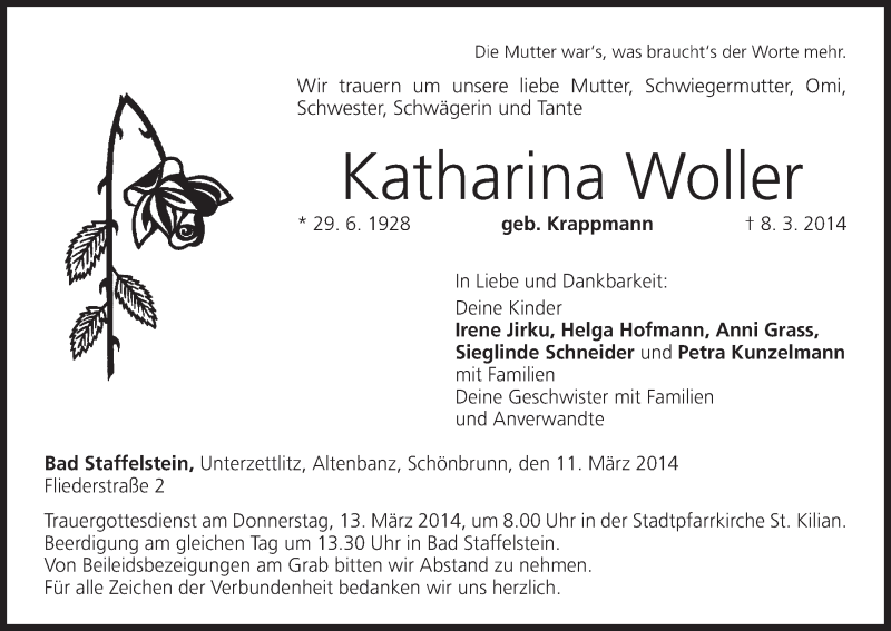  Traueranzeige für Katharina Woller vom 11.03.2014 aus MGO