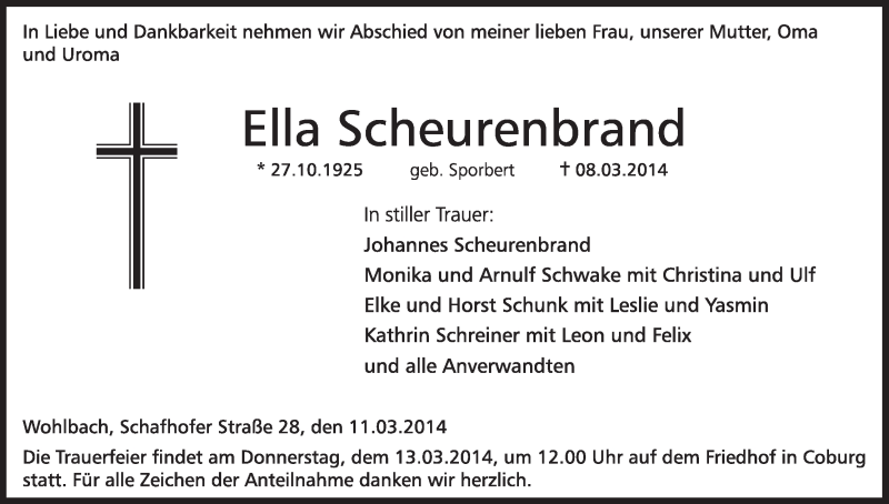  Traueranzeige für LElla Scheurenbrand vom 11.03.2014 aus MGO