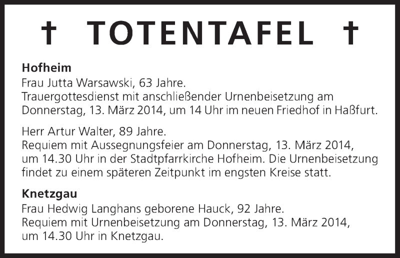 Traueranzeige für Totentafel vom 12.03.2014 vom 12.03.2014 aus MGO