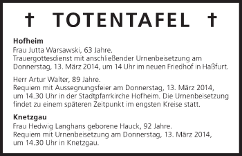 Anzeige von Totentafel vom 12.03.2014 von MGO