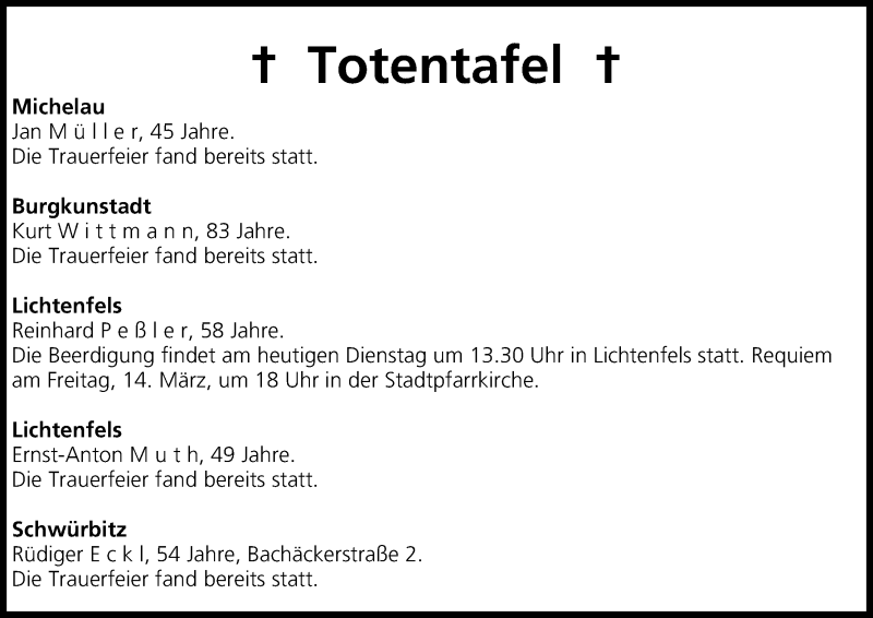  Traueranzeige für Totentafel vom 11.03.2014 vom 11.03.2014 aus MGO