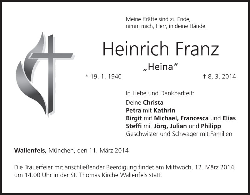  Traueranzeige für Heinrich Franz vom 11.03.2014 aus MGO