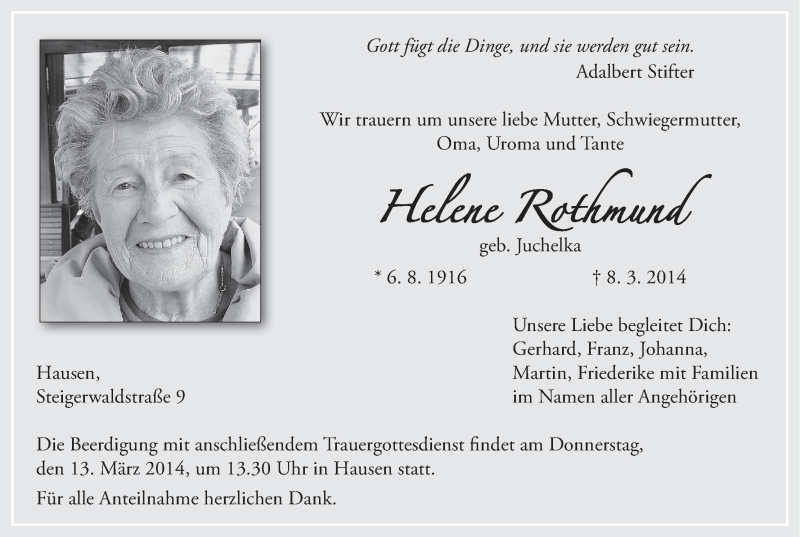  Traueranzeige für Helene1 Rothmund vom 11.03.2014 aus MGO