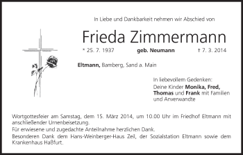 Anzeige von Frieda Zimmermann von MGO
