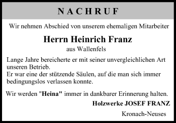Anzeige von Heinrich Franz von MGO