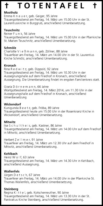 Anzeige von Totentafel vom 13.03.2014 von MGO