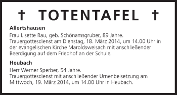 Anzeige von Totentafel vom17.03.2014 von MGO