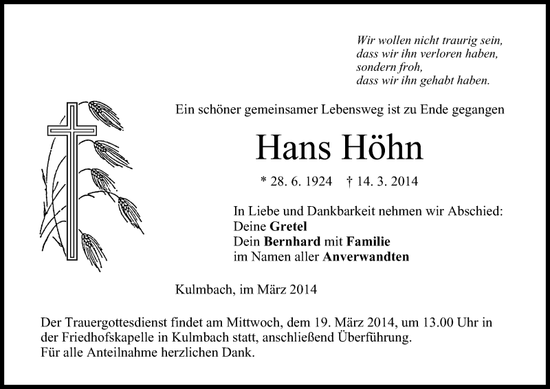  Traueranzeige für Hans Höhn vom 18.03.2014 aus MGO