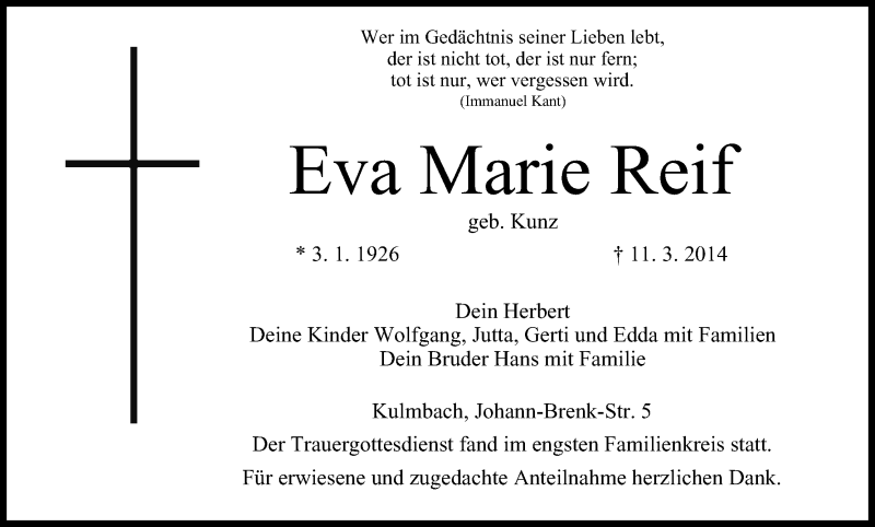  Traueranzeige für Eva Marie Reif vom 18.03.2014 aus MGO