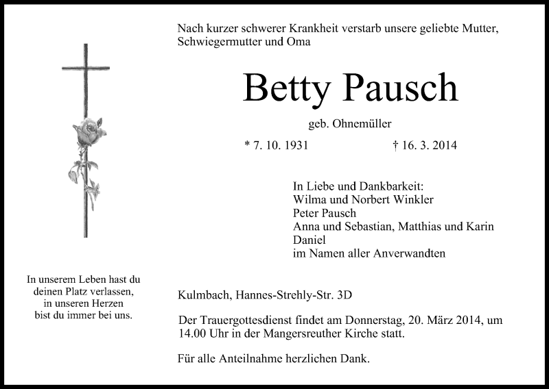  Traueranzeige für Betty Pausch vom 18.03.2014 aus MGO