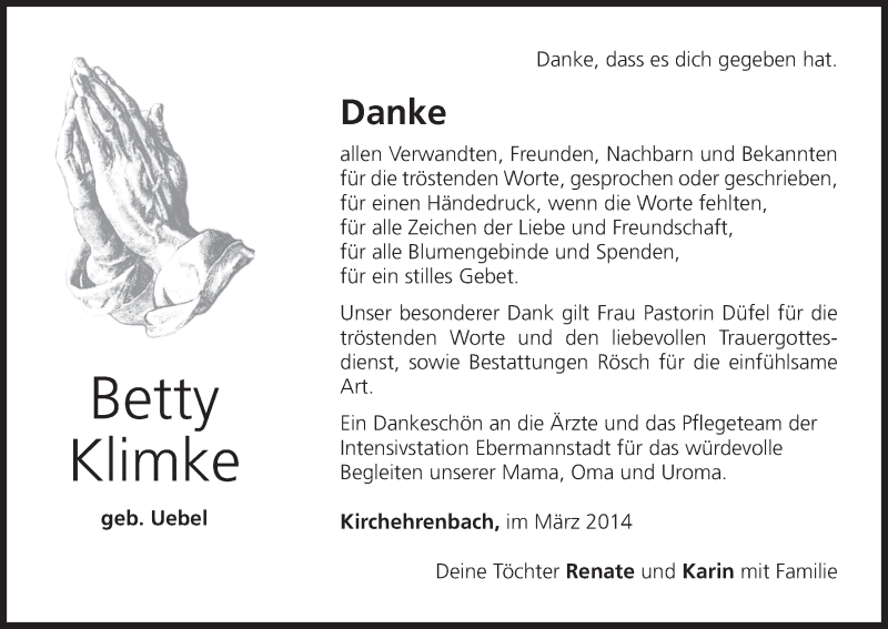  Traueranzeige für Betty Klimke vom 21.03.2014 aus MGO