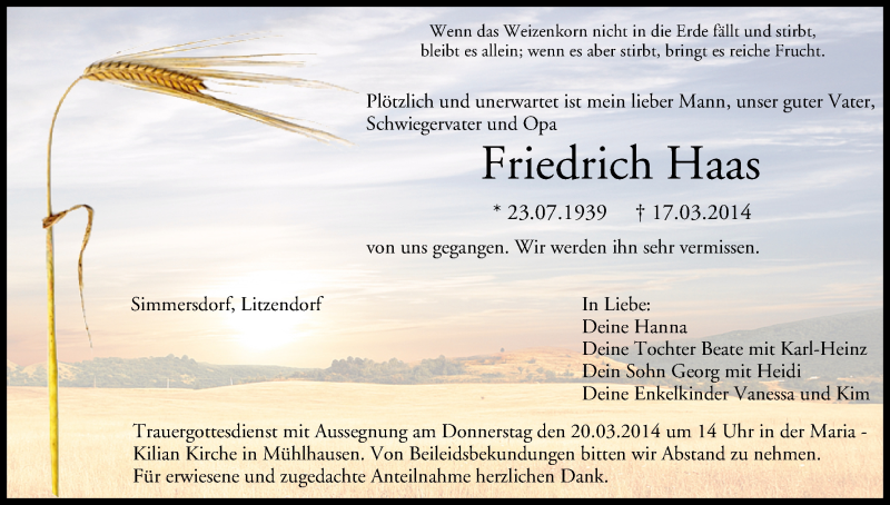  Traueranzeige für Friedrich Haas vom 19.03.2014 aus MGO