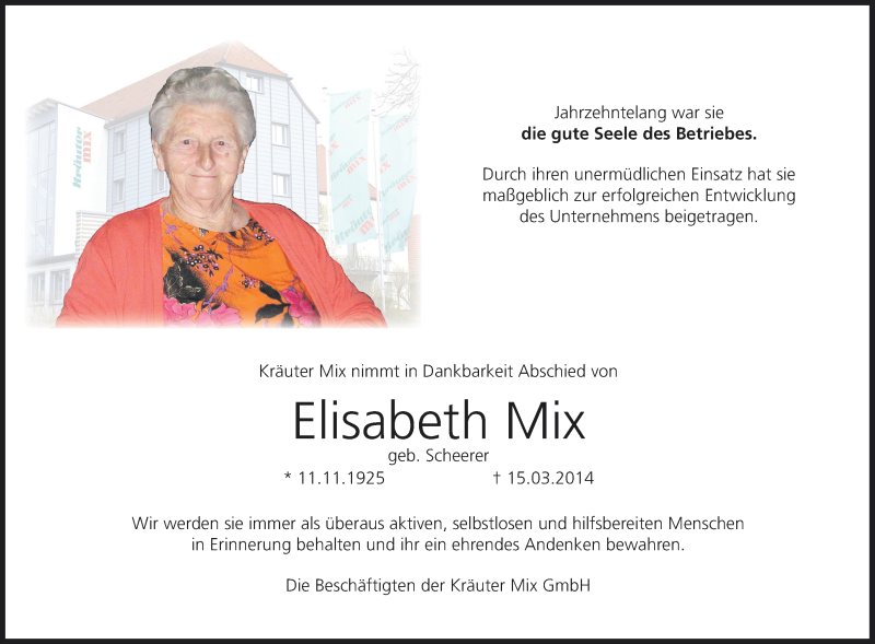  Traueranzeige für Elisabeth Mix vom 20.03.2014 aus MGO