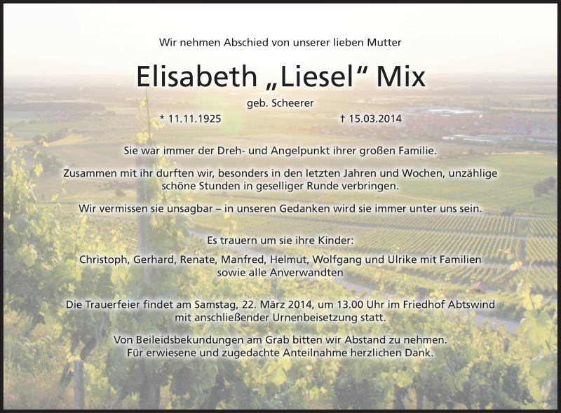  Traueranzeige für Elisabeth Mix vom 20.03.2014 aus MGO