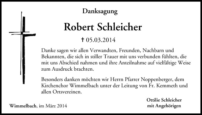  Traueranzeige für Robert Schleicher vom 22.03.2014 aus MGO