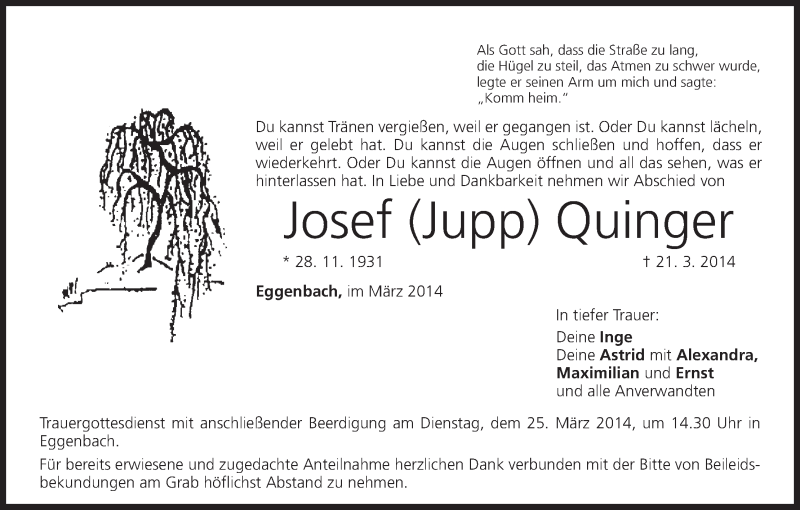  Traueranzeige für Josef Quinger vom 24.03.2014 aus MGO