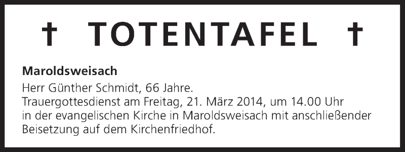  Traueranzeige für Totentafel vom 21.03.2014 vom 21.03.2014 aus MGO