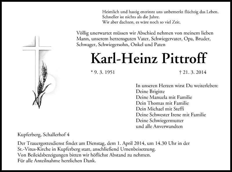  Traueranzeige für Karl-Heinz Pittroff vom 25.03.2014 aus MGO