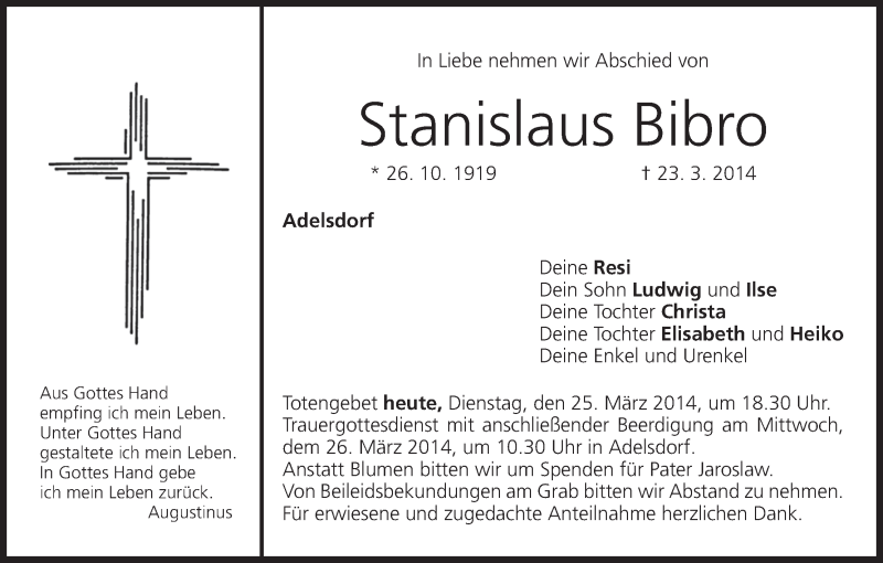  Traueranzeige für Stanislaus Bibro vom 25.03.2014 aus MGO