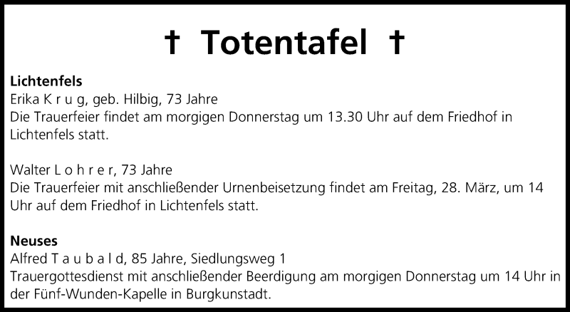  Traueranzeige für Totentafel vom 26.03.2014 vom 26.03.2014 aus MGO
