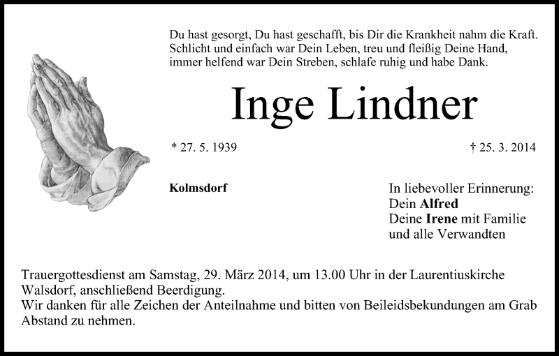  Traueranzeige für Inge Lindner vom 26.03.2014 aus MGO