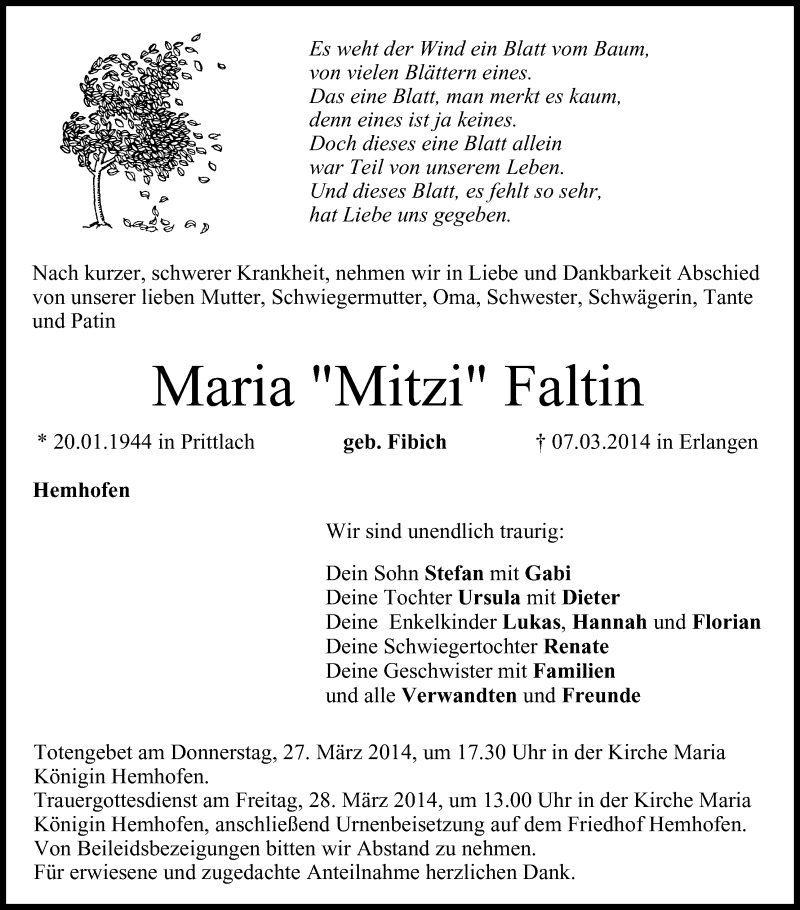  Traueranzeige für Maria Faltin vom 26.03.2014 aus MGO
