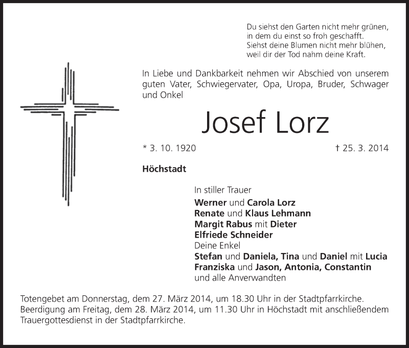  Traueranzeige für Josef Lorz vom 26.03.2014 aus MGO