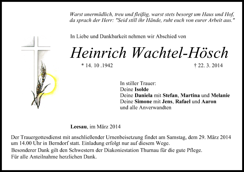  Traueranzeige für Heinrich Wachtel-Hösch vom 27.03.2014 aus MGO