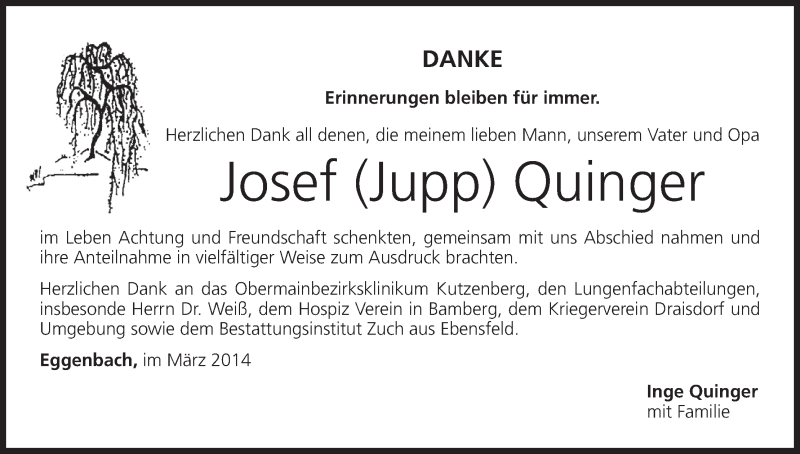  Traueranzeige für Josef Jupp Quinger vom 29.03.2014 aus MGO