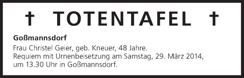  Traueranzeige für Totentafel vom 28.03.2014 vom 28.03.2014 aus MGO