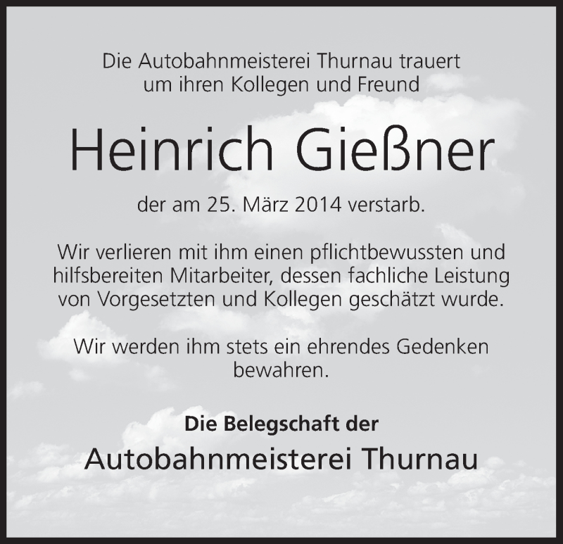  Traueranzeige für Heinrich Gießner vom 29.03.2014 aus MGO