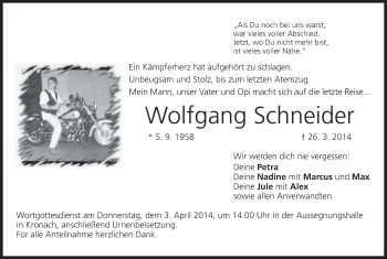 Anzeige von Wolfgang Schneider von MGO