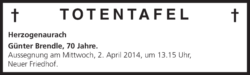  Traueranzeige für Totentafel vom 29.03.2014 vom 29.03.2014 aus MGO
