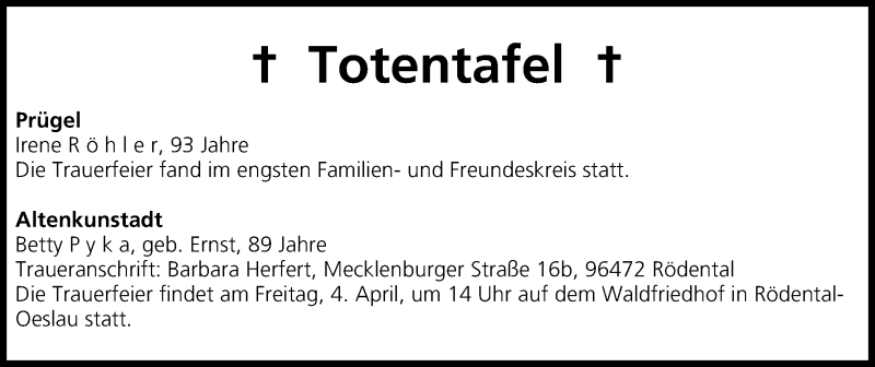  Traueranzeige für Totentafel vom 01.04.2014 vom 01.04.2014 aus MGO