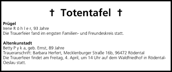 Anzeige von Totentafel vom 01.04.2014 von MGO