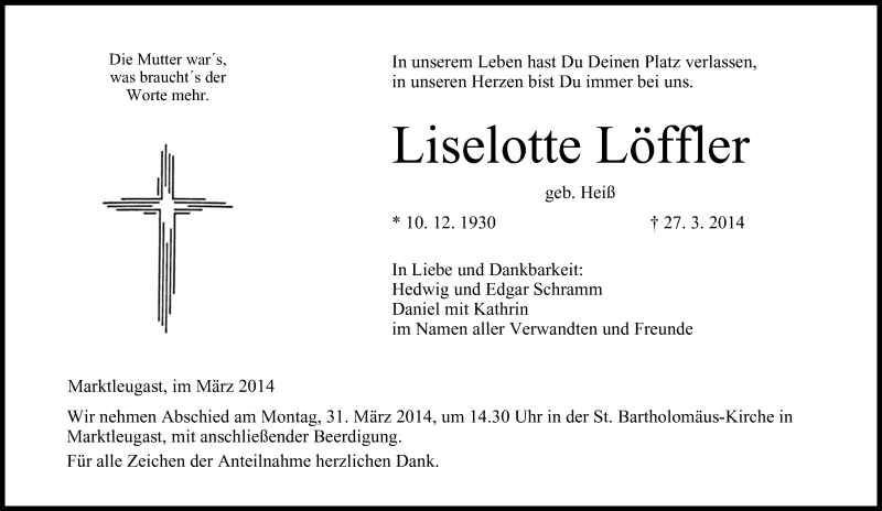  Traueranzeige für Liselotte Löffler vom 29.03.2014 aus MGO