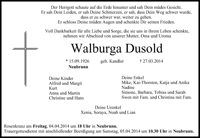  Traueranzeige für Walburga Dusold vom 03.04.2014 aus MGO