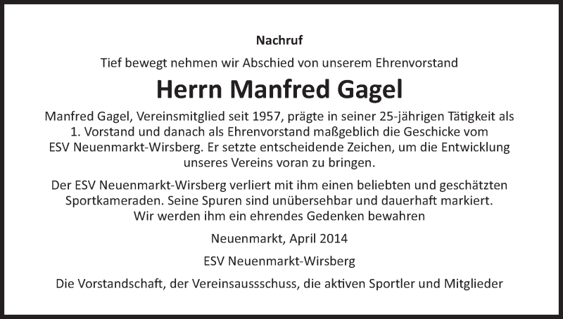  Traueranzeige für Manfred Gagel vom 01.04.2014 aus MGO