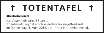 Anzeige von Totentafel vom 02.04.2014 von MGO