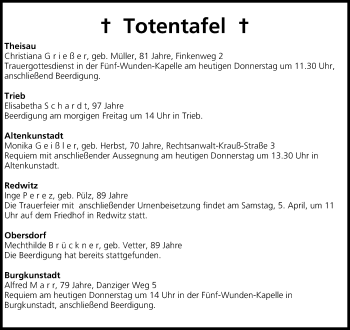 Anzeige von Totentafel vom 03.04.2014 von MGO