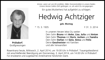 Anzeige von Hedwig Achtziger von MGO